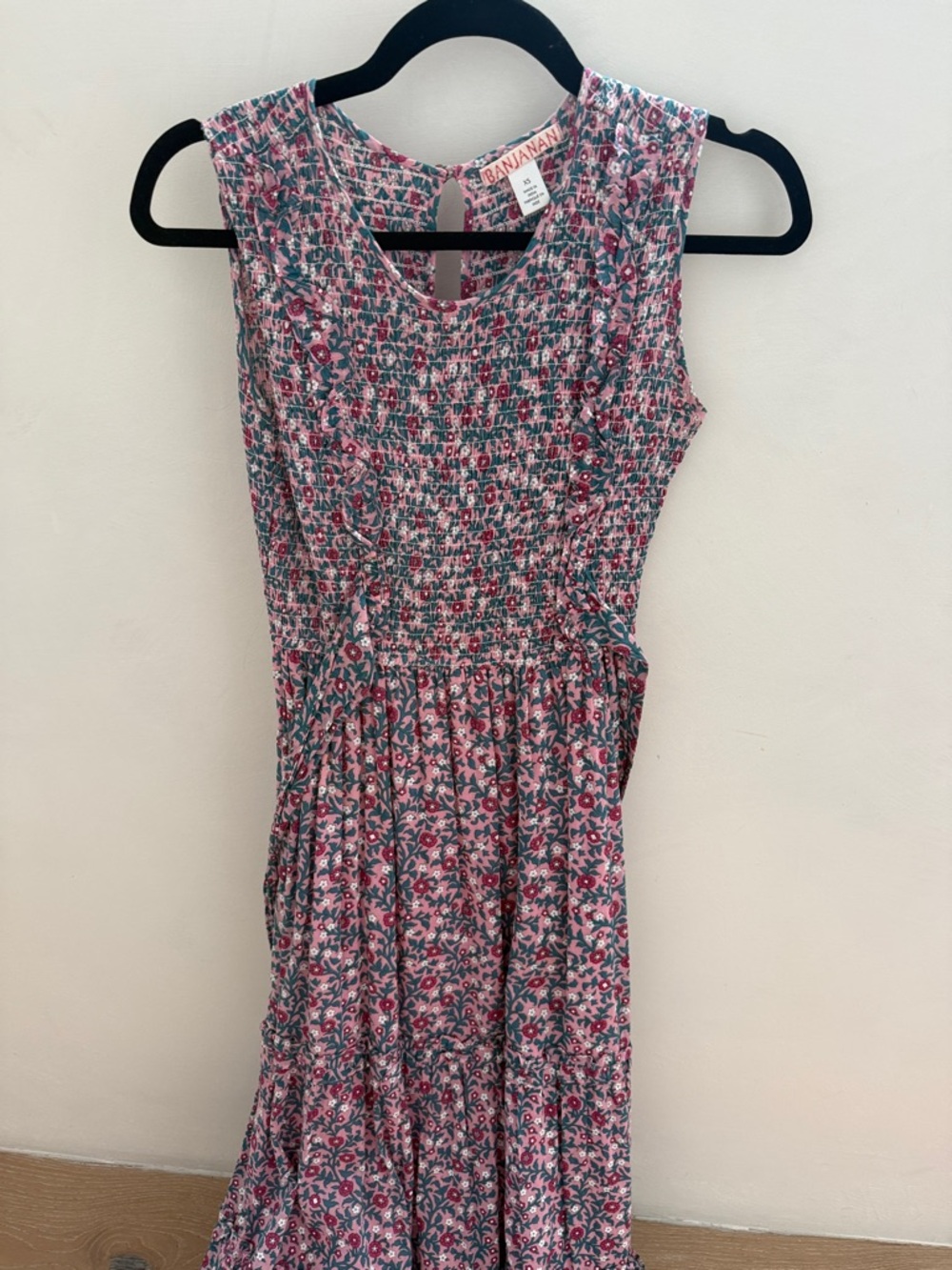 BANJANAN Pink and Green Floral Smocked Maxi Dress